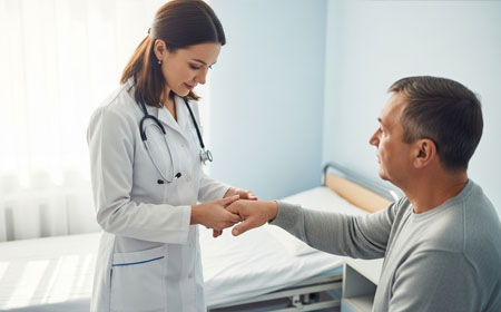 Женщина-врач осматривает пациента в кабинете